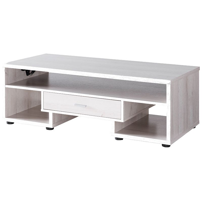 FC Design  3-Shelf White Oak Coffee Table with Pull Up Top and Center Drawer