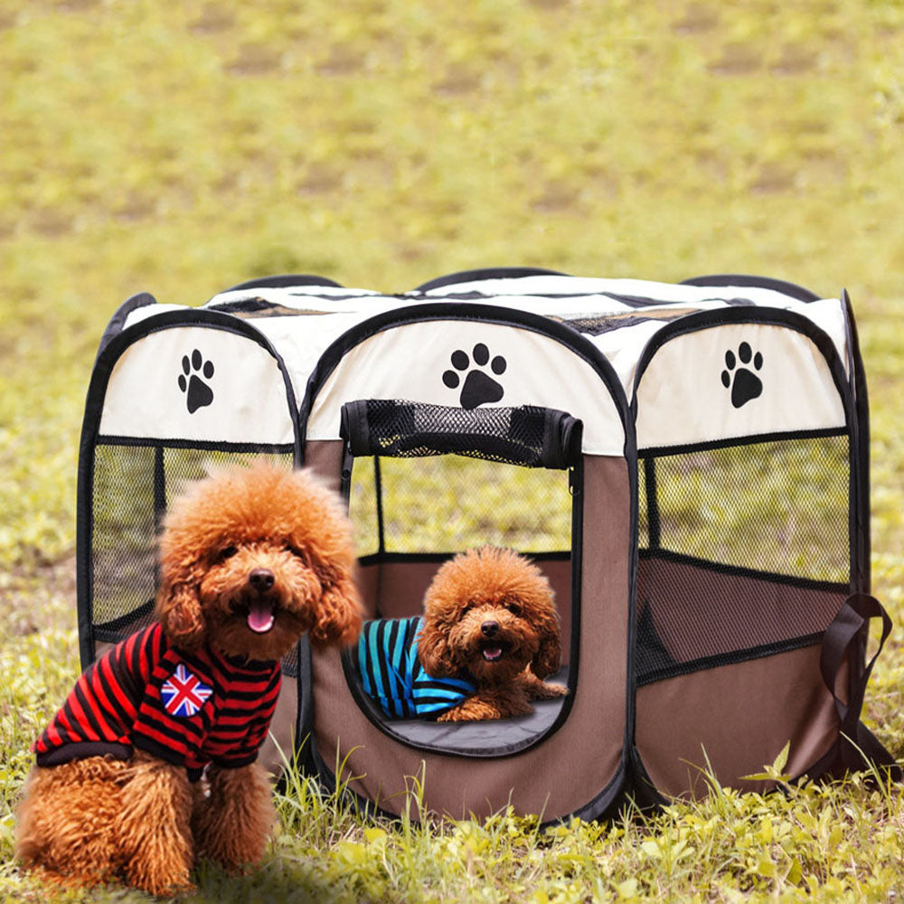 Outdoor Portable Pet Fence Playpen Puppy Kennel Octagonal Cage Cat Dog House Pet Delivery Room Pet Tent COFFEE