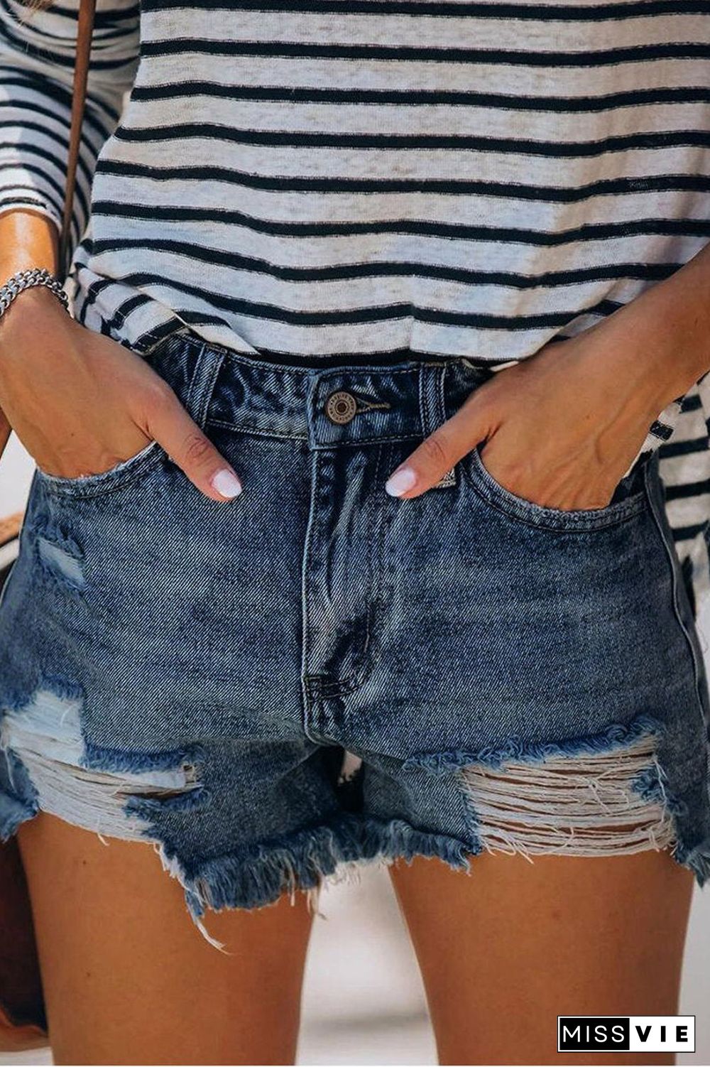 Hole Fringed Denim Casual Shorts