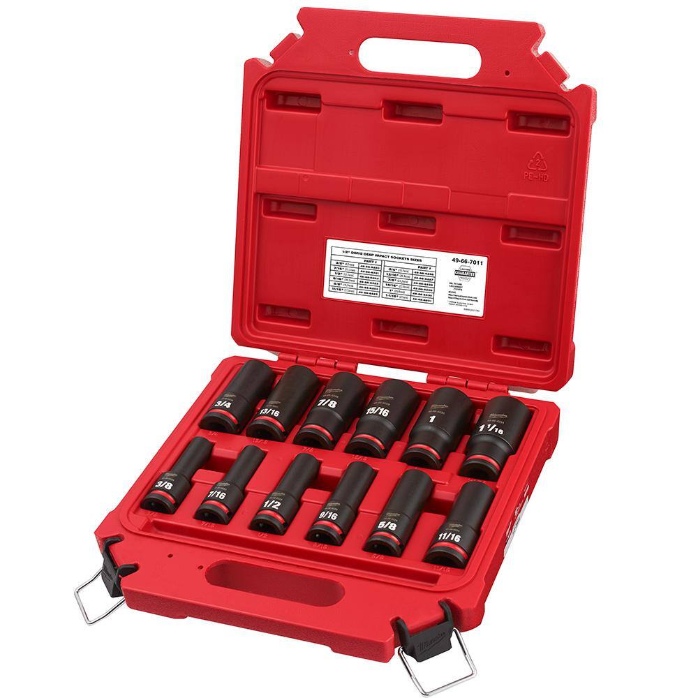 MW SHOCKWAVE 12 in. Drive SAE Deep Well Impact Socket Set (12-Piece) 49-66-7011