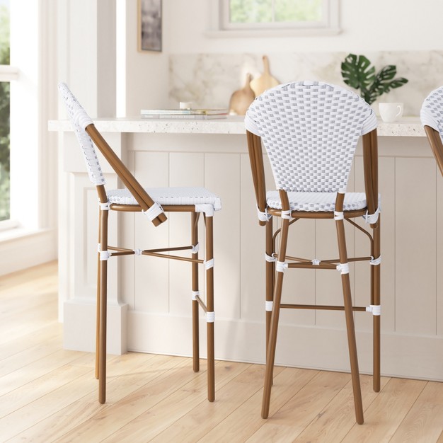 Merrick Lane Set Of Two Indoor outdoor Stacking French Bistro Bar Stools With White And Gray Patterned Seats And Backs amp Bamboo Finished Metal Frames