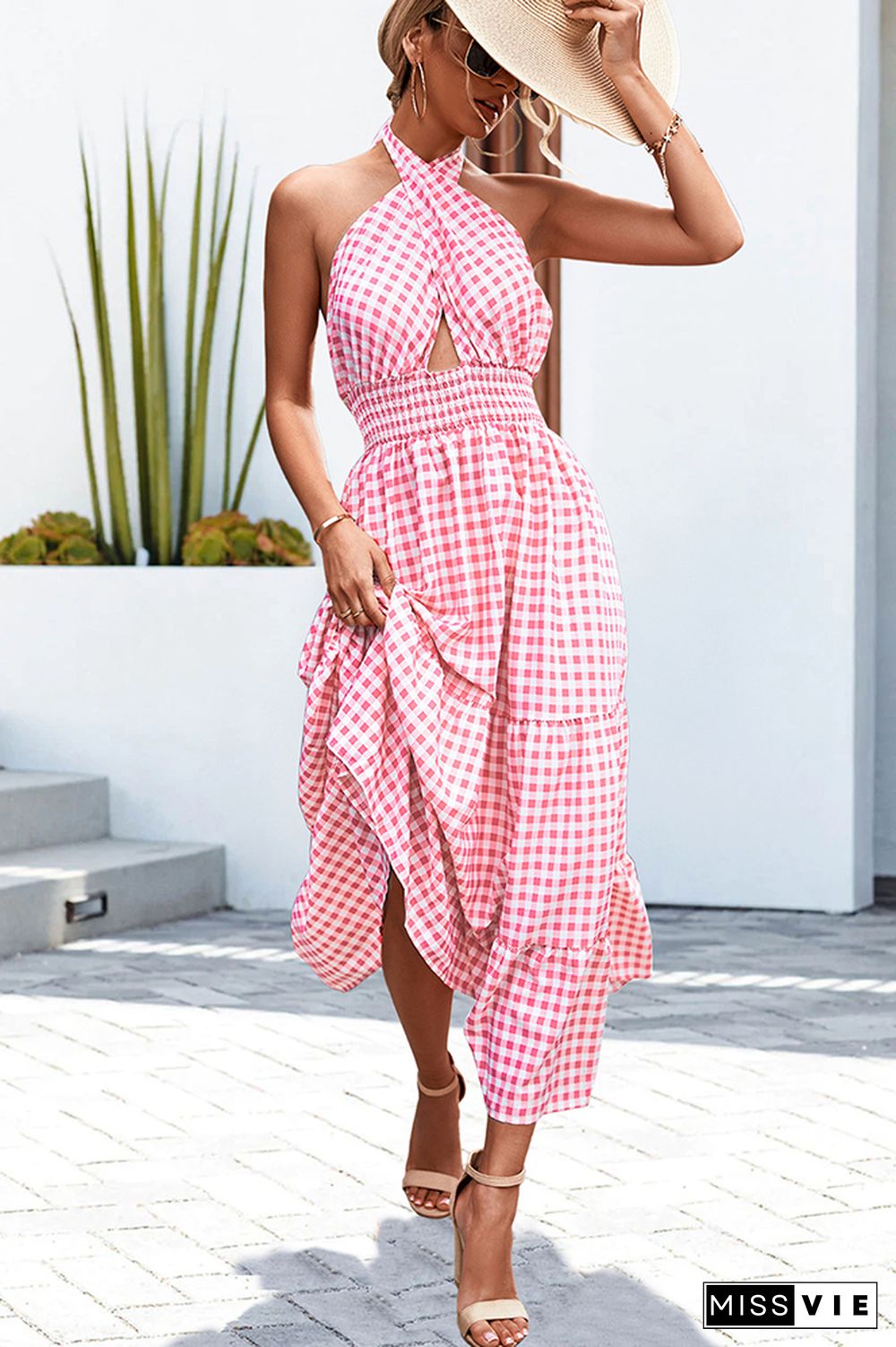 Halter Wrap Splicing Plaid Floral Dress