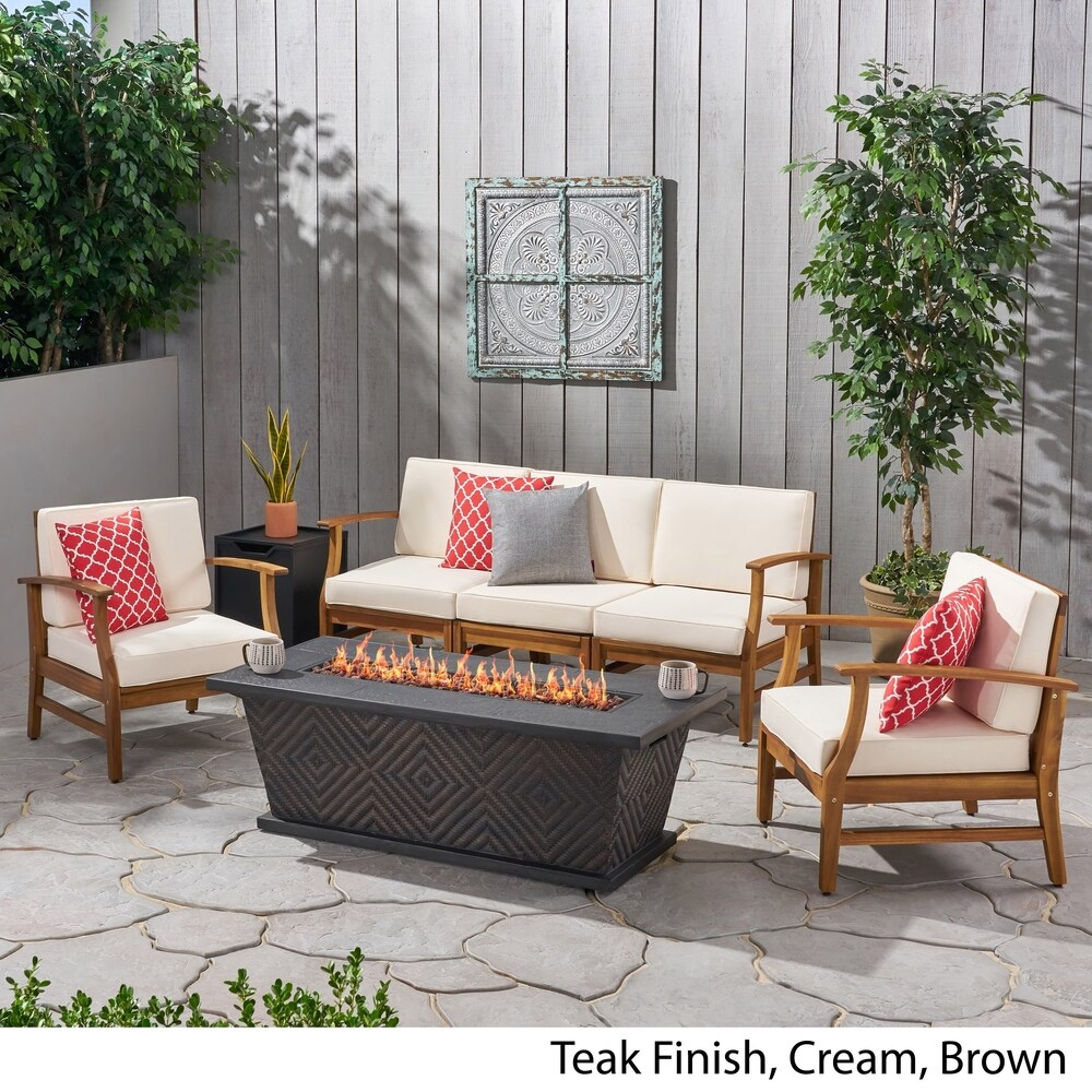 Driscoll Outdoor 5 Seater Acacia Wood Chat Set with Cushions and Fire Pit by Christopher Knight Home