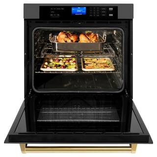 ZLINE Kitchen and Bath Autograph Edition 30 in. Single Electric Wall Oven with True Convection and Gold Handle in Black Stainless Steel AWSZ-30-BS-G