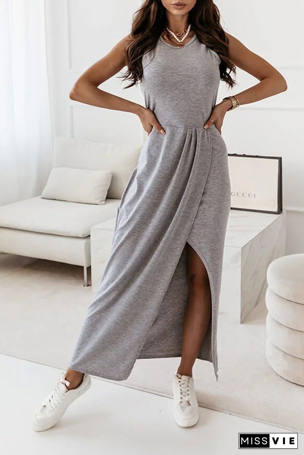 Casual Solid Fold O Neck Irregular Maxi Dresses