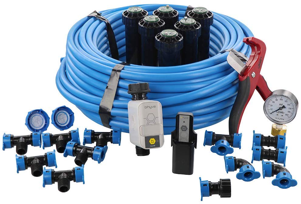 Orbit 50022 In-Ground Blu-Lock Tubing System and B-Hyve Smart Hose Faucet Timer with Wi-Fi Hub Sprinkler Kit