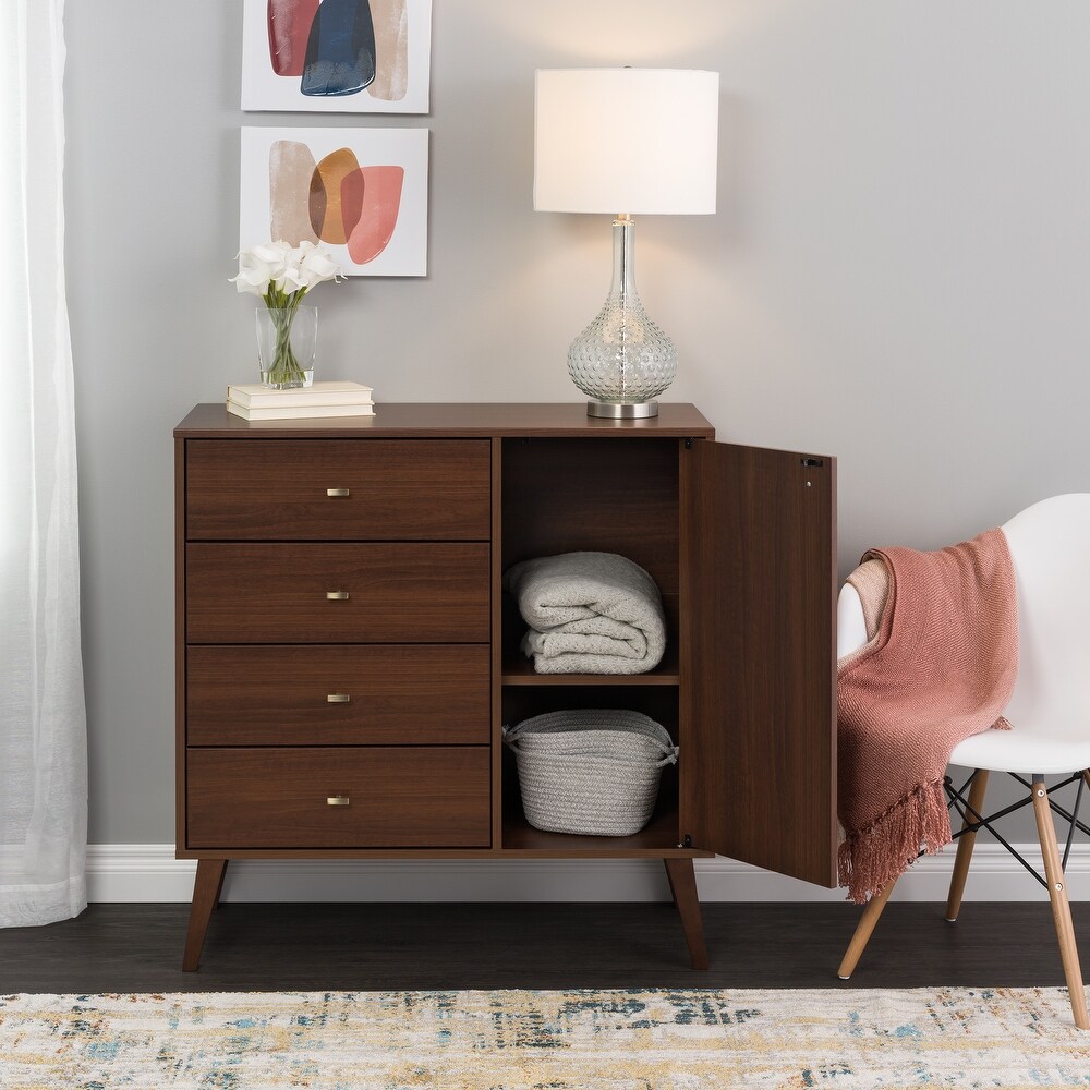 Prepac Milo Mid Century Modern 4 Drawer Combo Dresser  Chest of Drawers With Door  Contemporary Bedroom Furniture