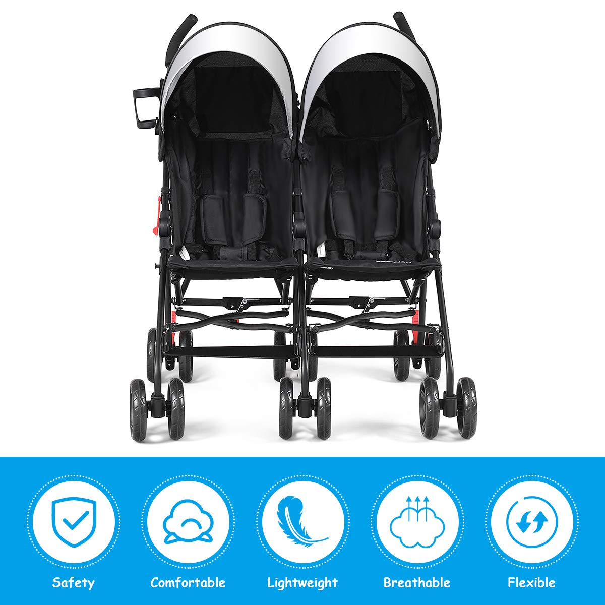 BABY JOY Double Light-Weight Stroller, Travel Foldable Design, Twin Umbrella Stroller with 5-Point Harness