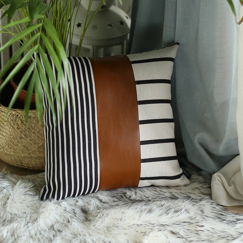 Bohemian Striped Vegan Faux Leather Throw Pillow