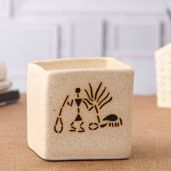 3.5 inch (9 cm) Warli Painting Marble Finish Square Box Ceramic Pot (Light Brown) (set of 2)