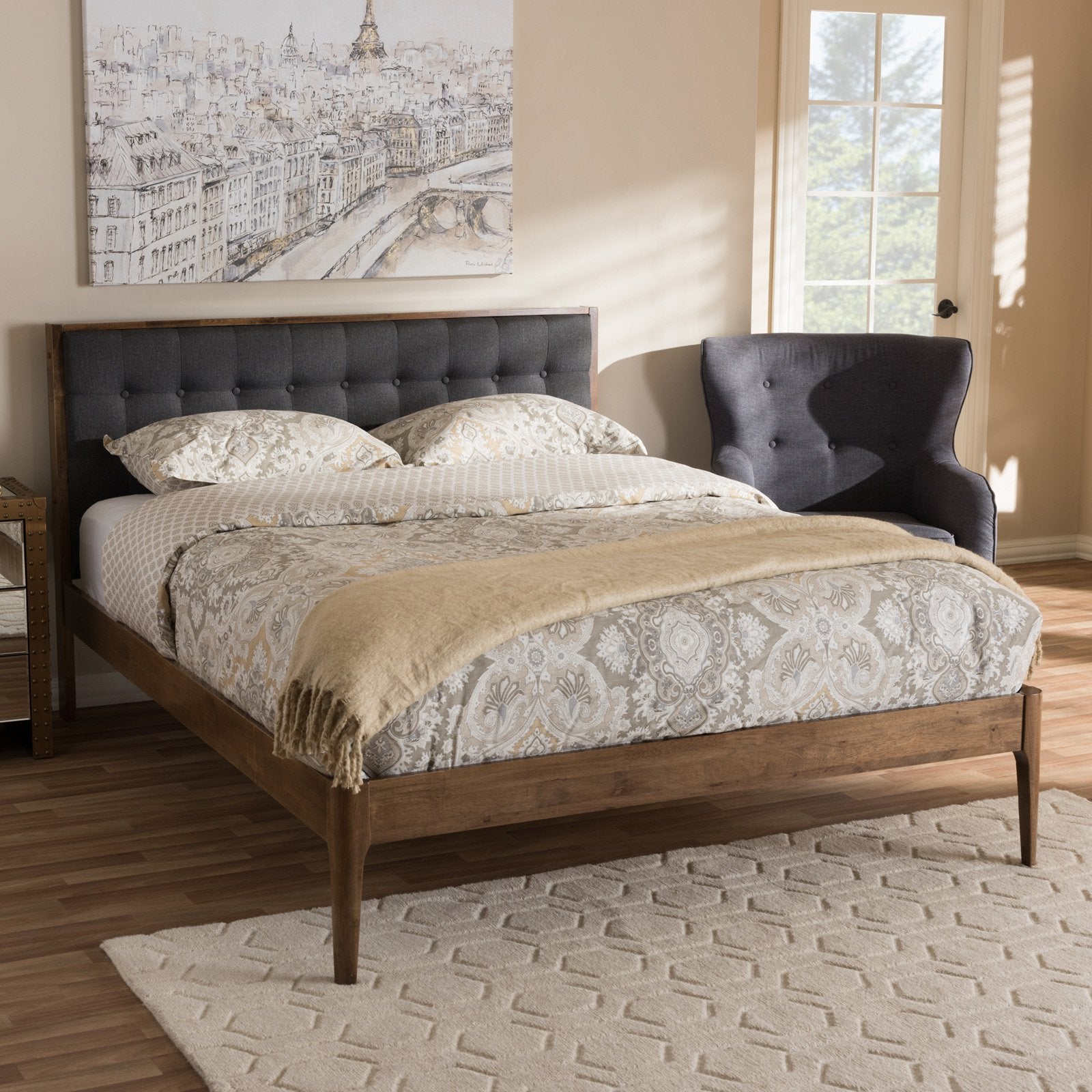 Baxton Studio Jupiter Mid-Century Modern Grey Fabric Upholstered Button-Tufted Full Size Platform Bed