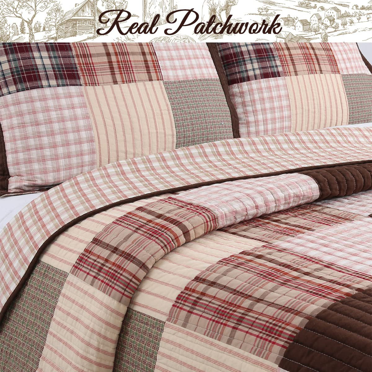 Cozy Line Heidi Chocolate Brown Plaid Grid Striped Real Patchwork 3-Piece Reversible Quilt Set， Queen Set