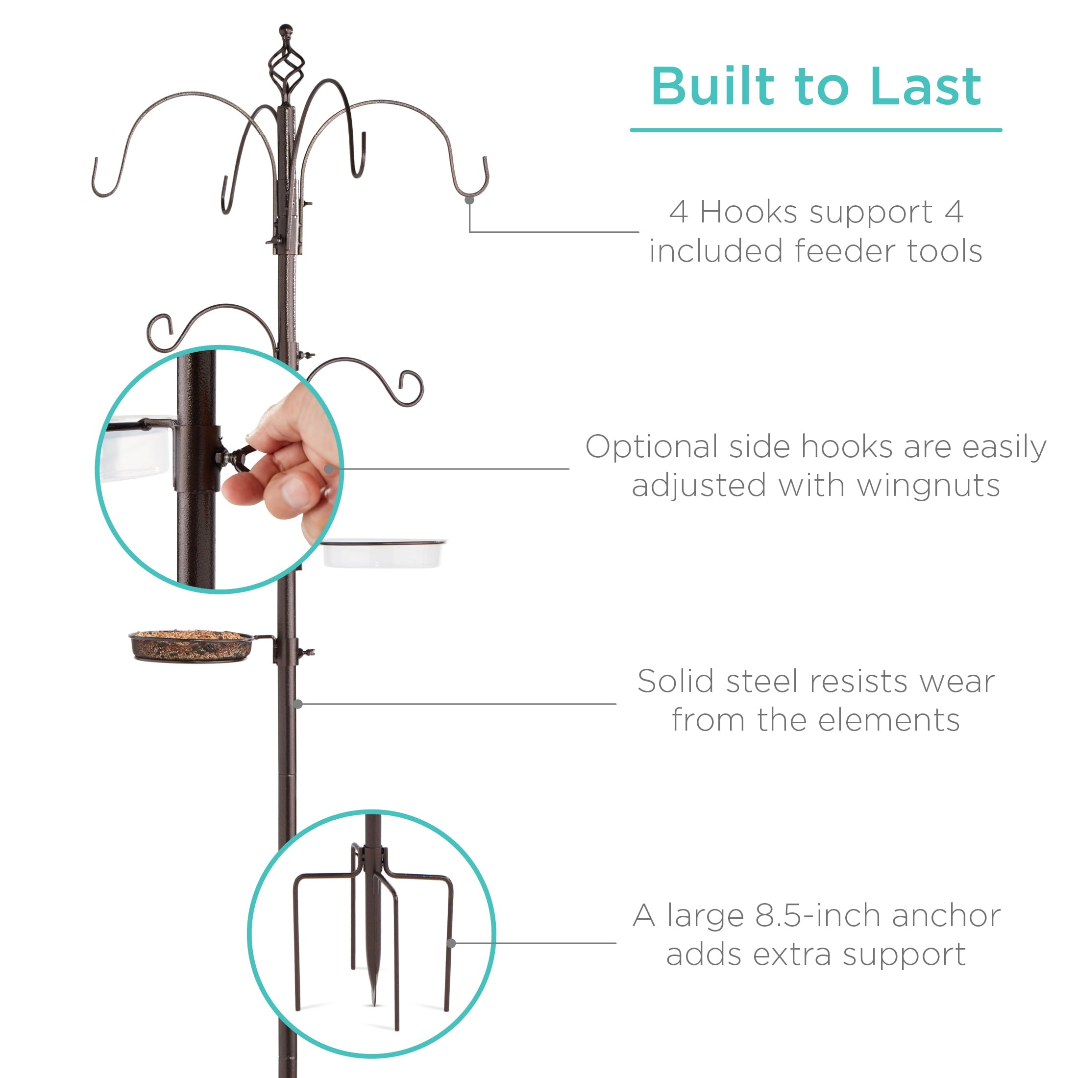 Best Choice Products 89in 6-Hook Bird Feeding Station， Steel Multi-Feeder Stand w/ 4 Feeders， Tray， Bird Bath - Brown