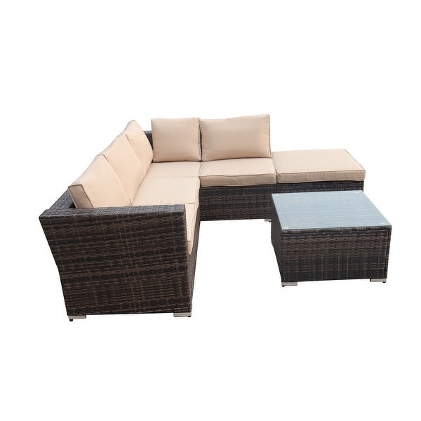 4-Piece Patio Wicker Furniture Set Outdoor Rattan Sectional Sofa， Brown Wicker Rattan Chair with Tempered Glass Table