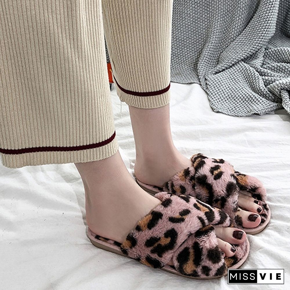 Women Fashion Sexy Flat Leopard Cross Strap Fluffy Soft Slippers Sandals Party Indoor Flip Flop Shoes