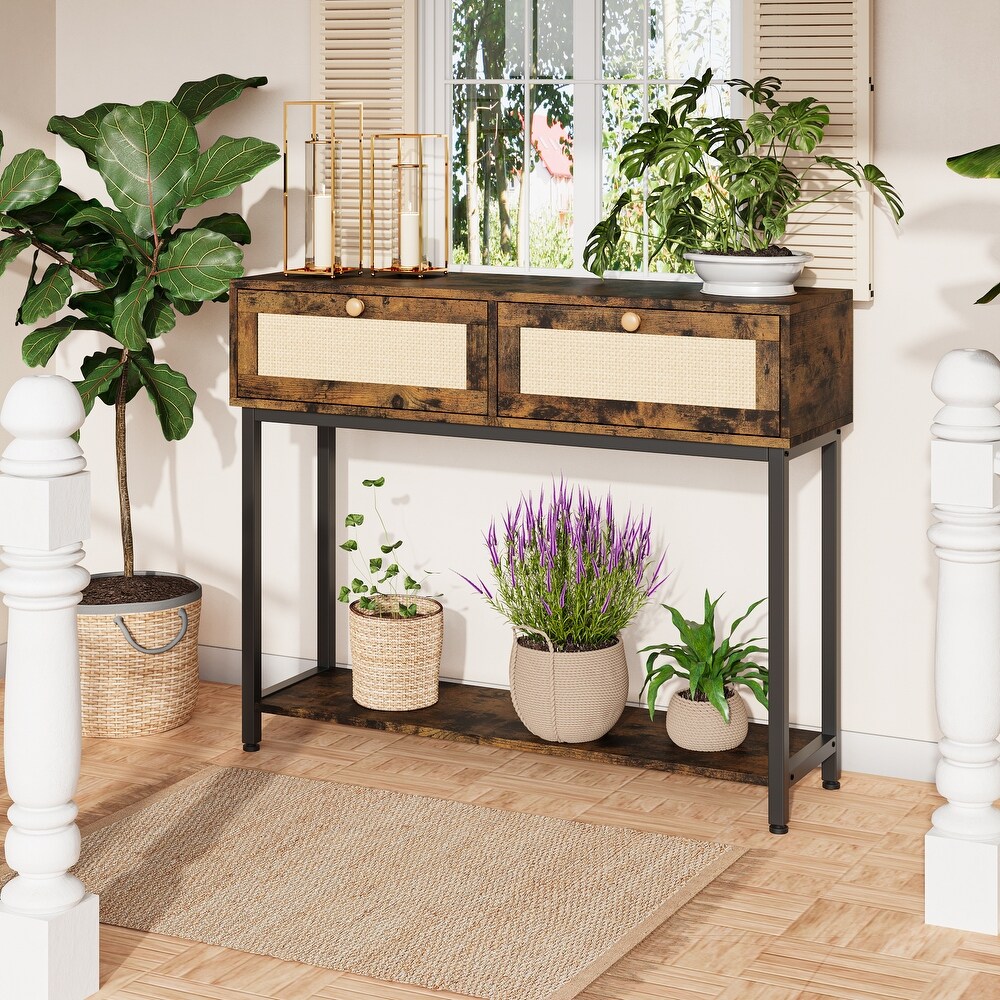 Rattan Console Table with 2 Drawers