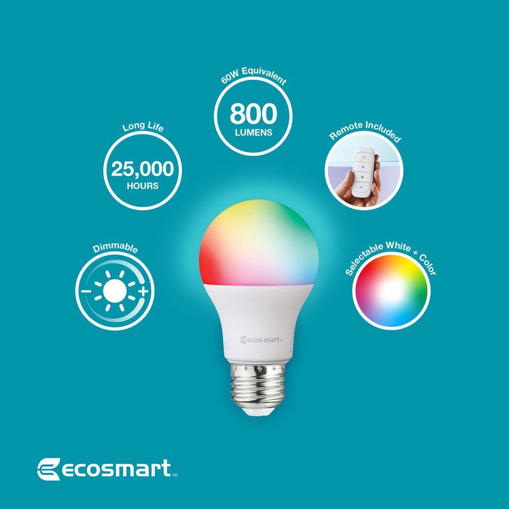 EcoSmart 60-Watt Equivalent A19 CEC Color Changing LED Party Light Bulb Starter Kit with Remote (1-Pack) 11A19060WRGBW01