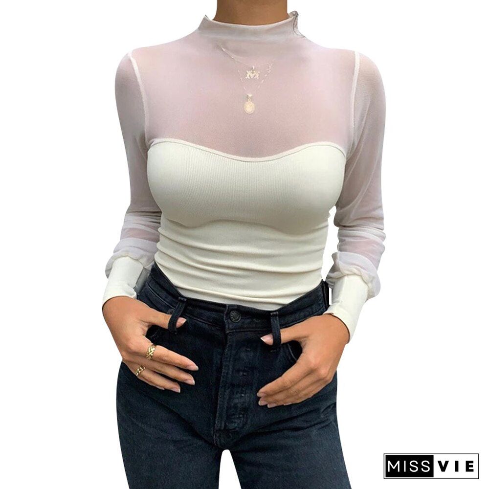 Women Mesh Patchwork Tops Solid Color Slim Pleated Lantern Sleeve Turtleneck Autumn Pullover Ladies Female Sexy Translucent Tees