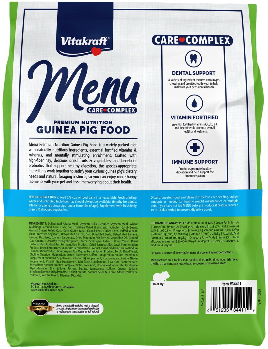 Vitakraft Menu Alfalfa Pellets Blend Vitamin and Mineral Fortified Premium Guinea Pig Food， 5-lb bag