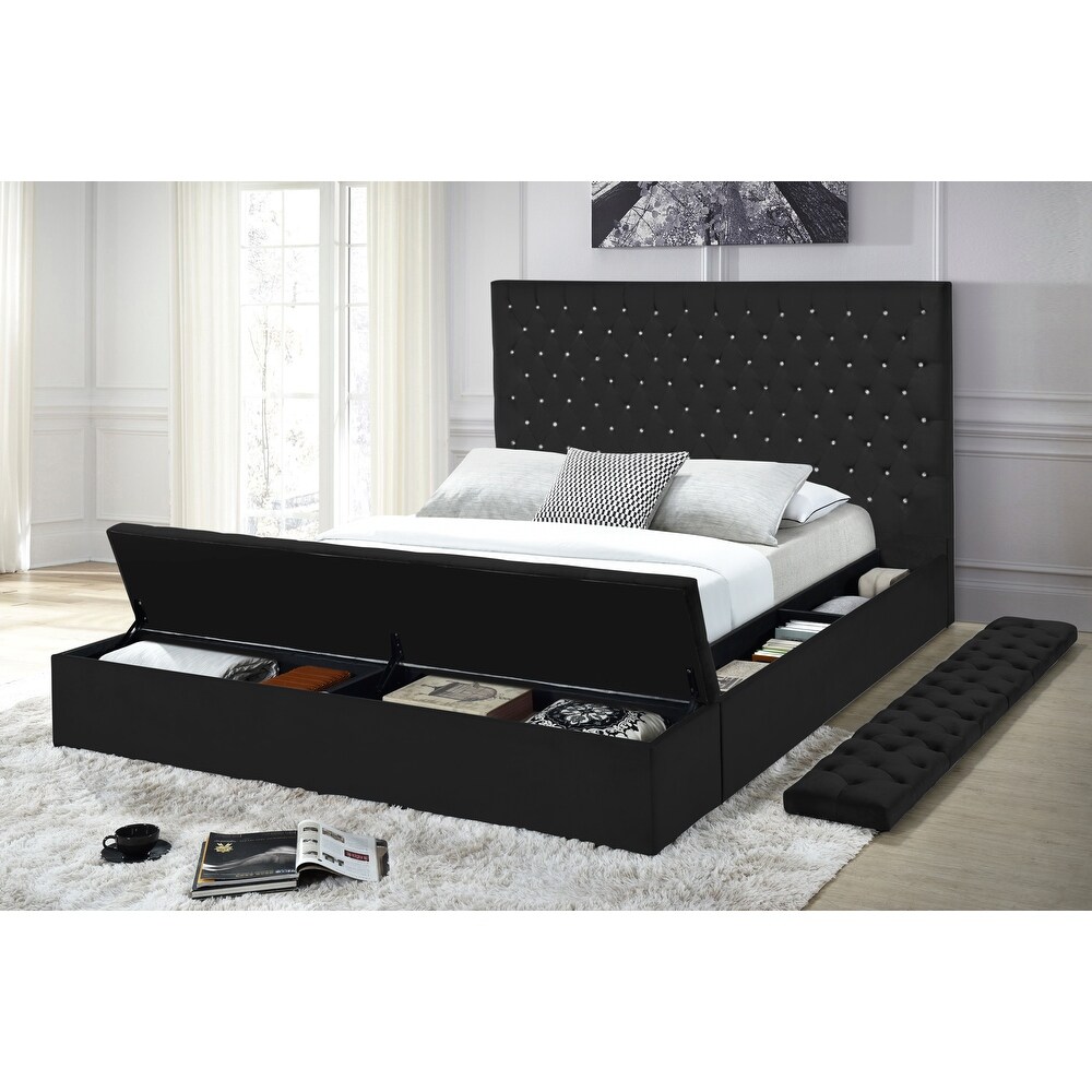 Titanic Furniture Folier Black Velvet Tufted Storage Bed with Faux Diamonds