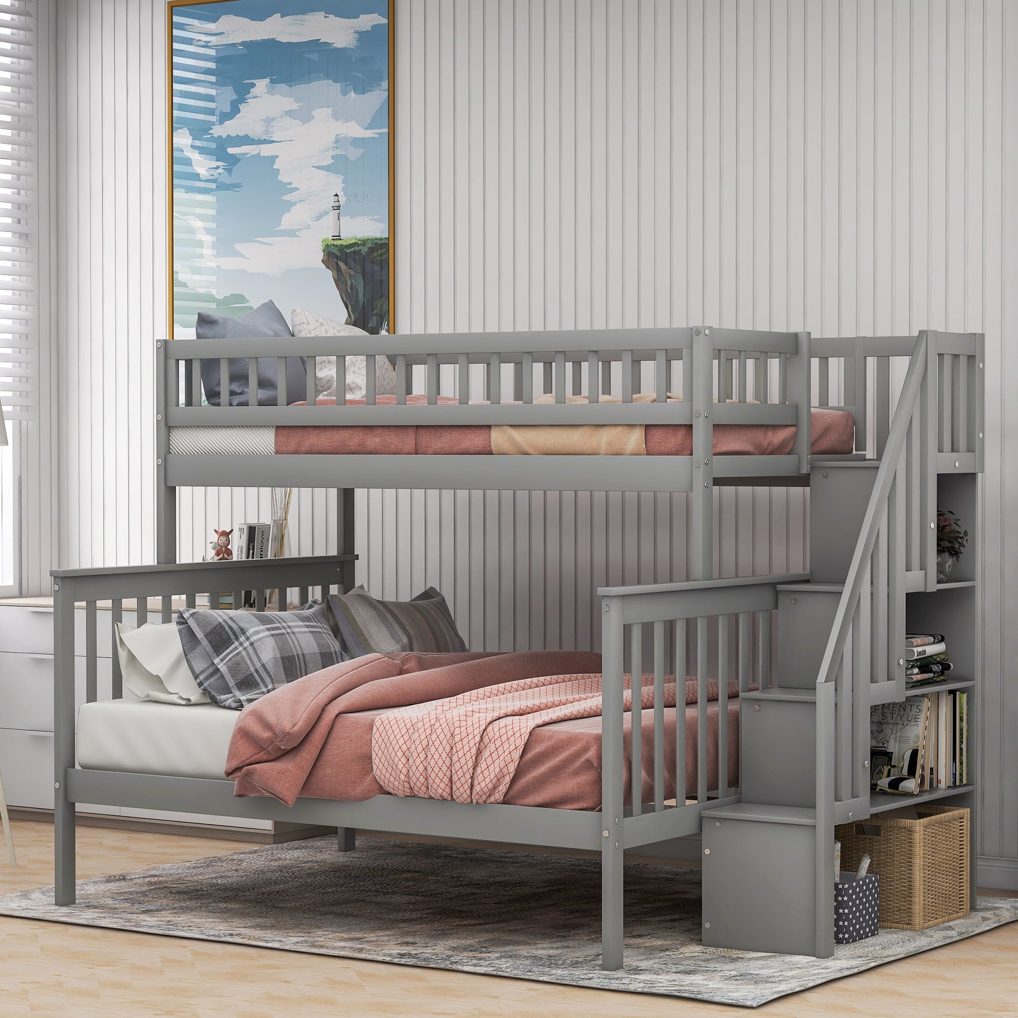 Twin over Full Bunk Bed with Stairs and Storage for Kids, Gray