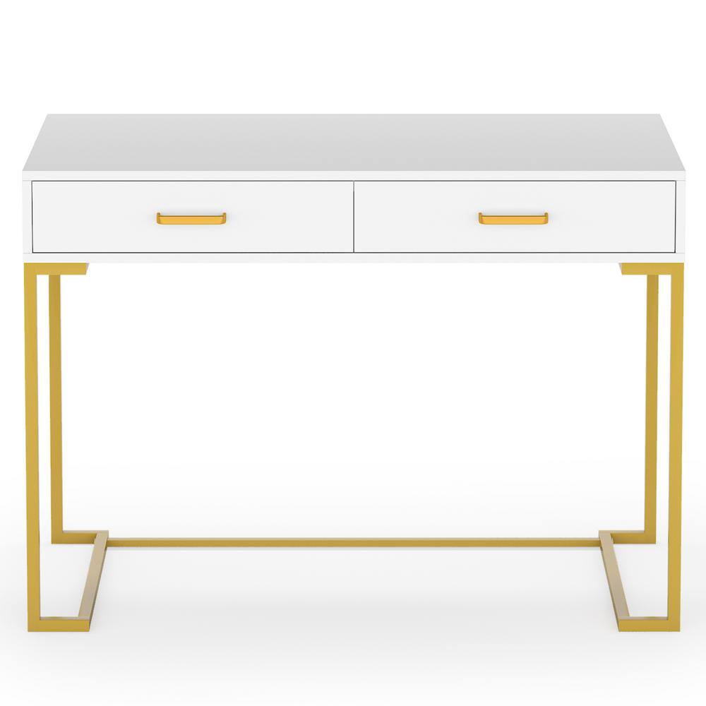 TRIBESIGNS WAY TO ORIGIN Halseey 39.4 in. Rectangular White Wood 2-Drawer Computer Desk with Gold L-Shaped Metal Base HD-M0191ZY