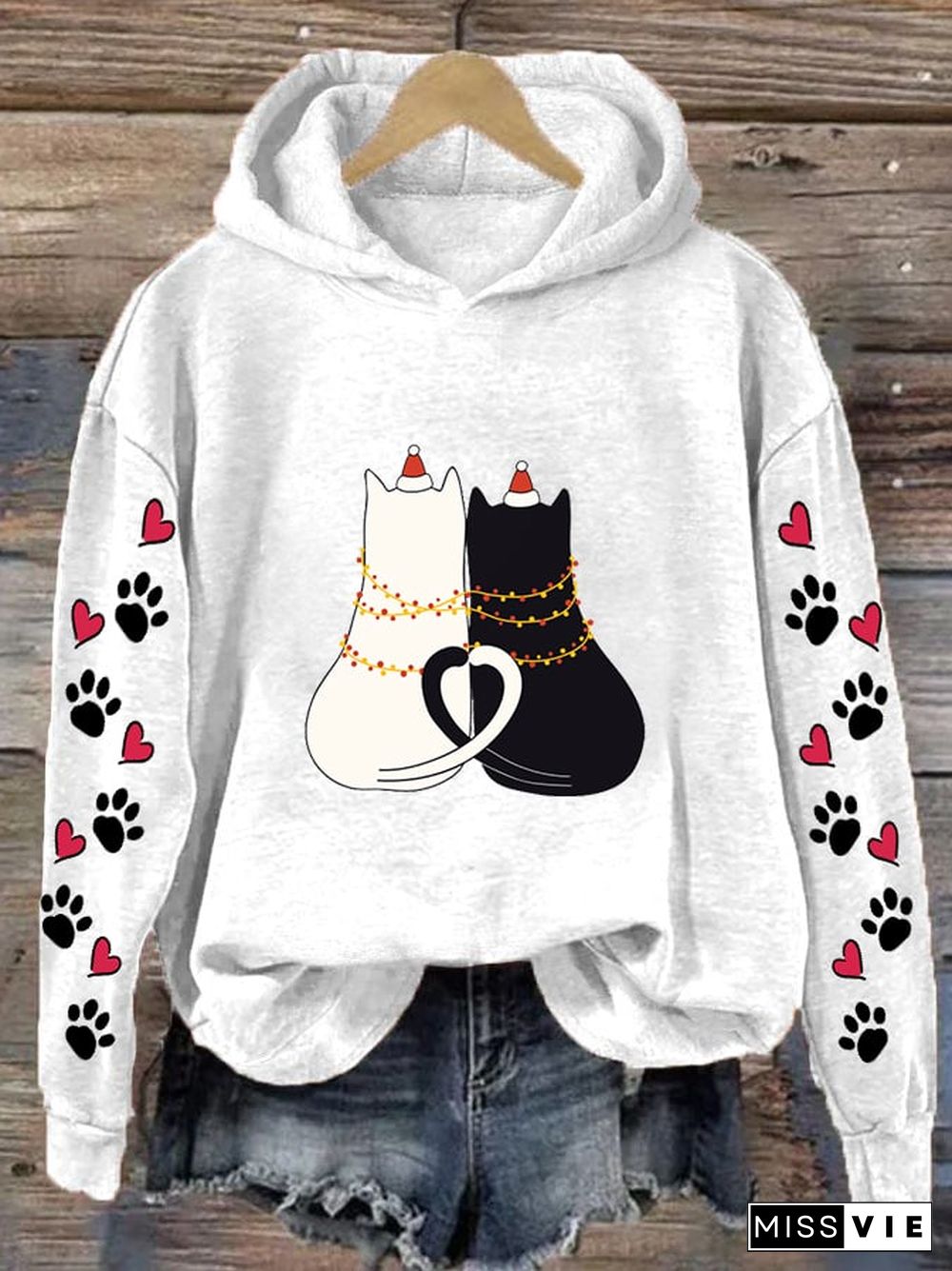 Women's Christmas Cat Love Print Casual Hooded Sweatshirt