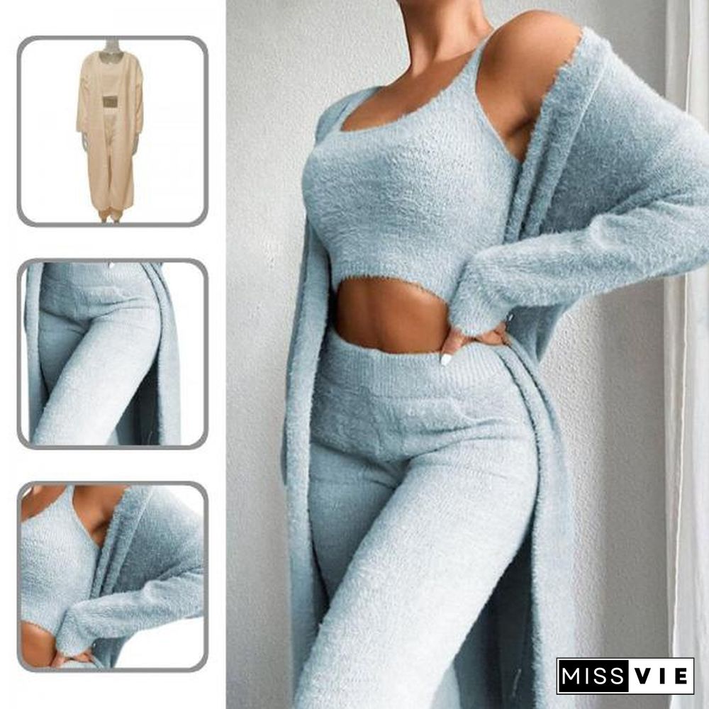 1 Set Stylish Outfit Suit Scoop Neck Comfy Open Front Cardigan Crop Top Pants Outfit Loose For Office