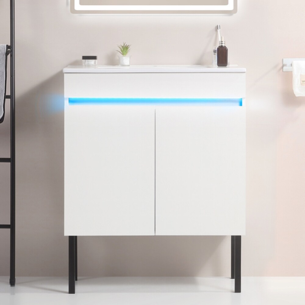 Bathroom Vanity with Sink  Radar Sensing Light  Large Storage Space and Metal legs  Wall Mounted Bathroom Vanity Sink