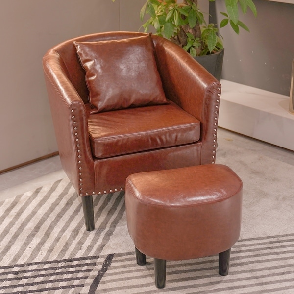 Modern Accent Chair with Ottoman Set， PU Leather Upholstered Club Round Arms Chair