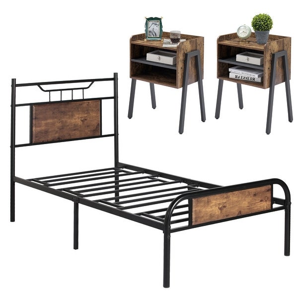 Taomika Industrial 3-pieces Bed and Modern Nightstands Set - - 35162740