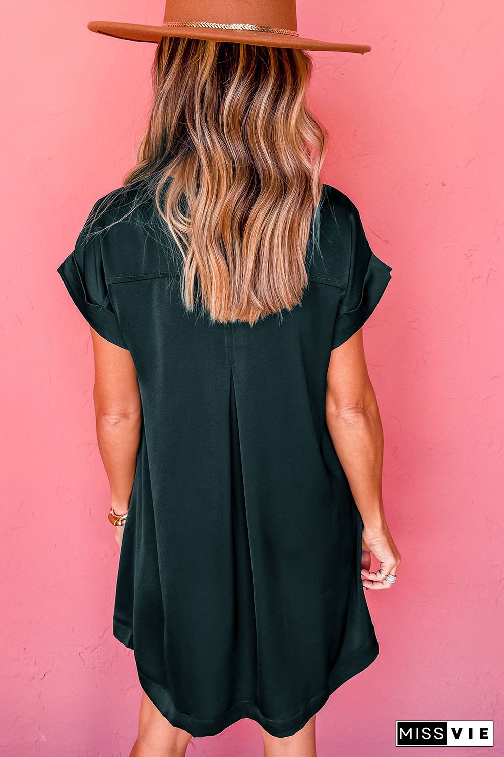 Green Notched Neckline Cuffed Short Sleeve Shift Dress