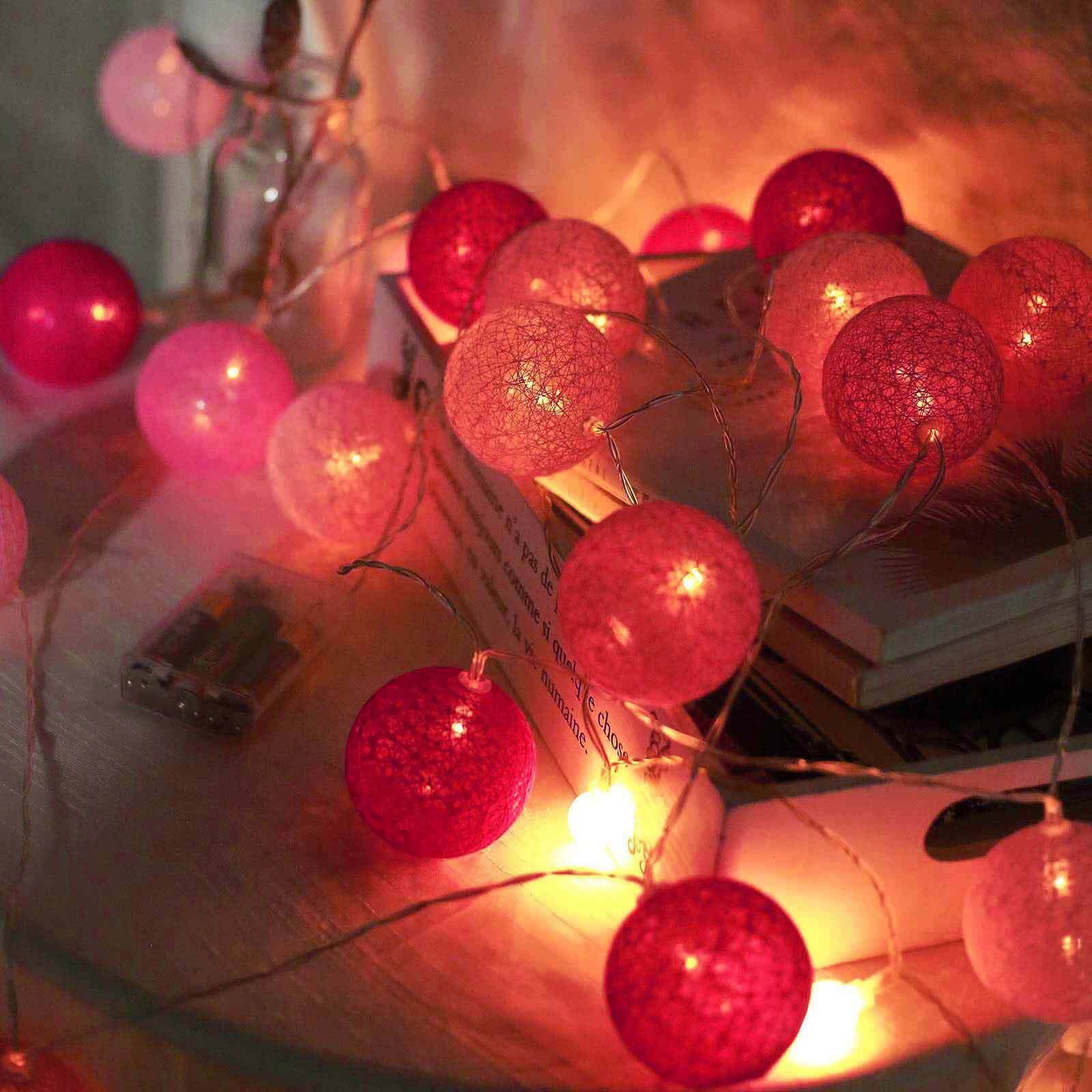 Pink Cotton Ball Battery Operated 20 LED String Light Garland, Warm White Light - Blush, Fuchsia, Pink 13ft