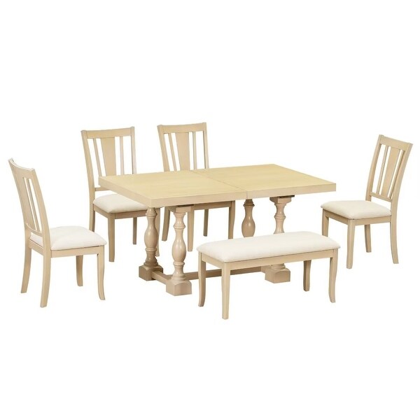 Extendable Dining Table Set with Removable Leaf，Padded Chairs and Bench