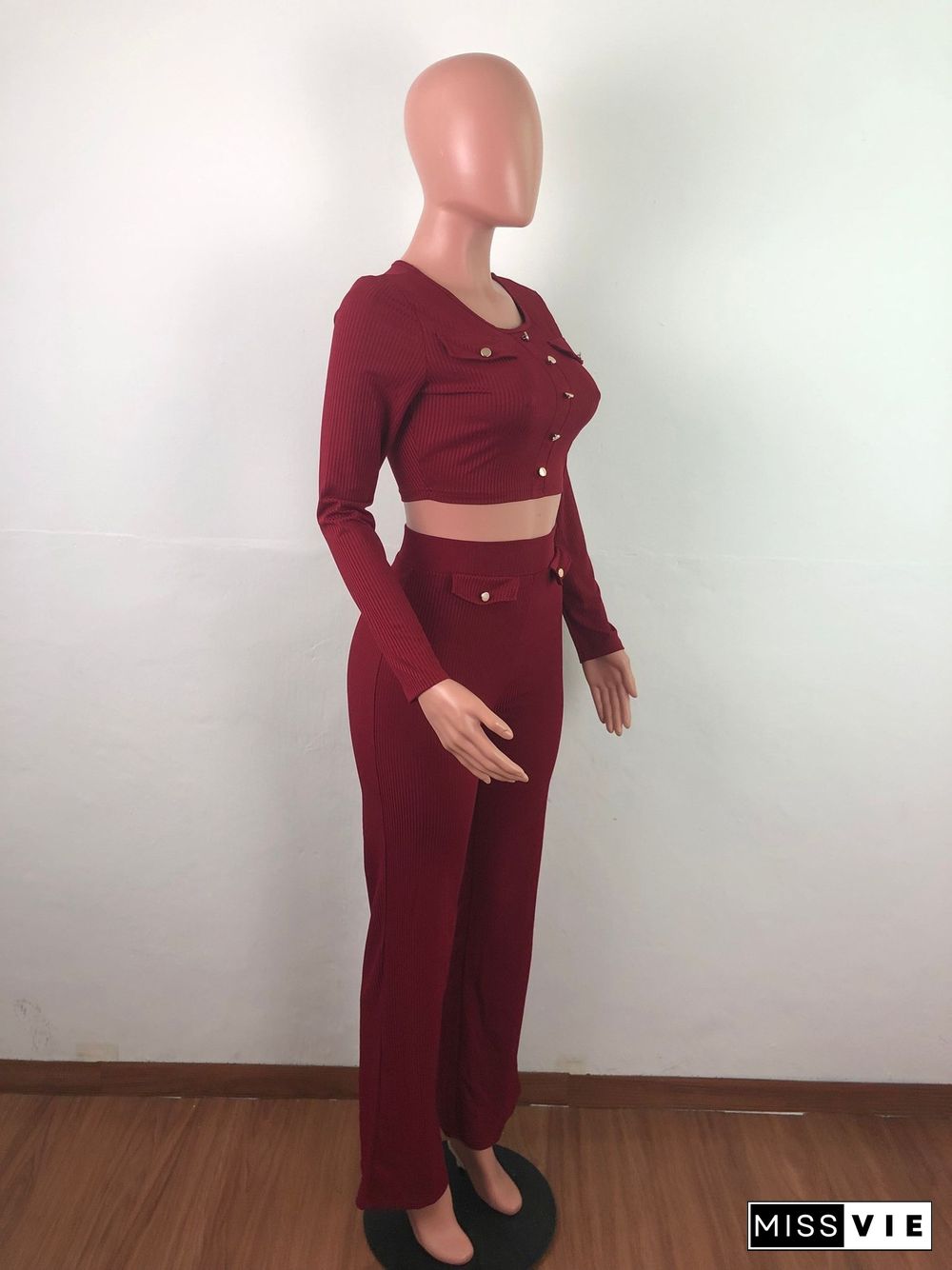 Solid Color Spring Women Knitted Long Sleeve O-neck Crop Top Wide Leg Pants Two Piece Set