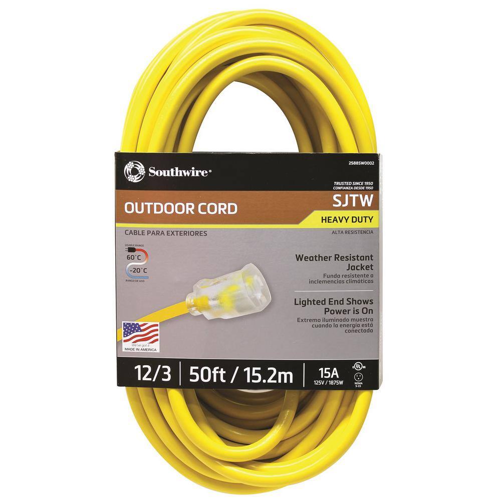 Southwire 50 ft. 123 SJTW Hi-Visibility Outdoor Heavy-Duty Extension Cord with Power Light Plug 2588SW0002