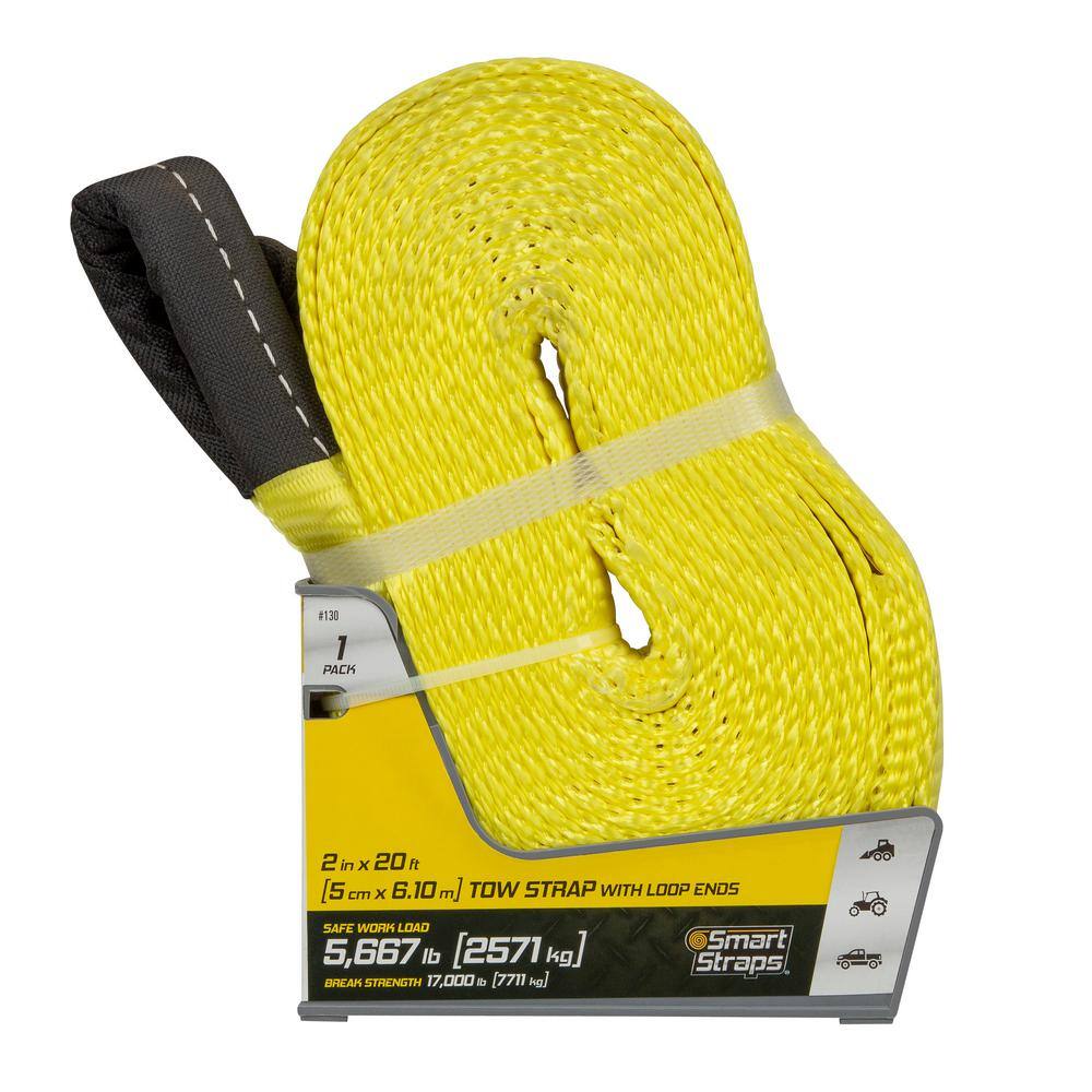 SmartStraps 20 ft. x 2 in. 5667 lbs. Working Load Limit Yellow Tow Rope Strap with Loop Ends 130