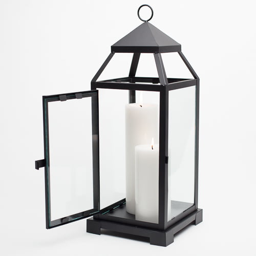 Richland Black Contemporary Metal Lantern with Clear Glasses - Large