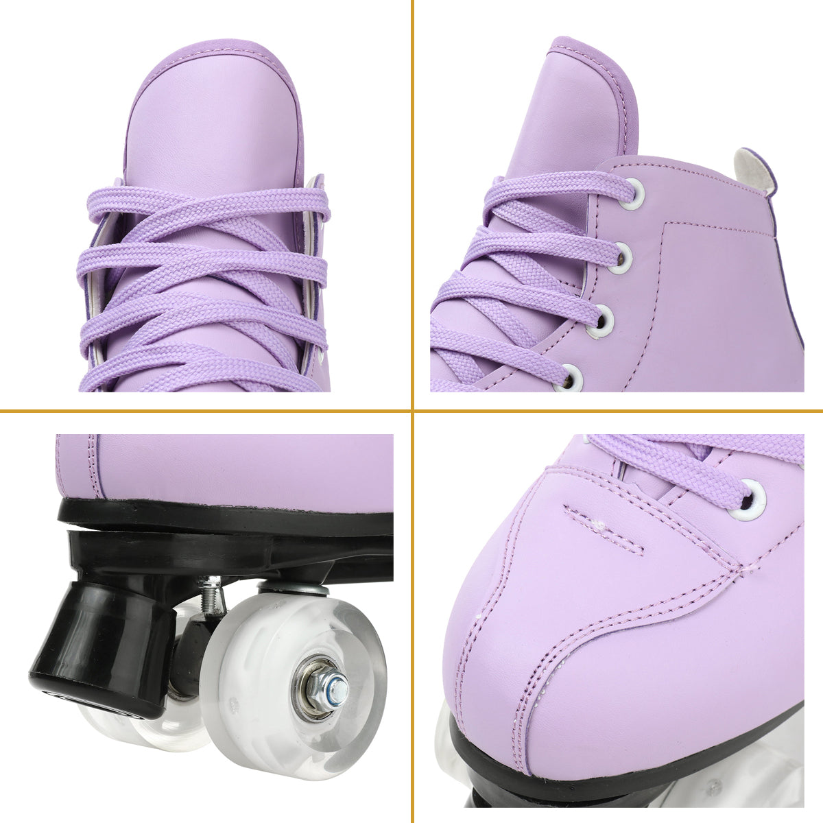 PU Leather Roller Skates， High-Top Design， Roller Artistic with Double-Row Shiny Wheels for Women and Men， Purple， Size 6.5