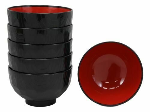 1 Japanese Black Red Lacquer Copolymer Plastic Rice Bowl Beehive Pattern Set Of 6 EBR02