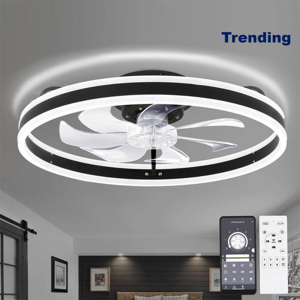 Oaks Aura 20in. LED Indoor Black Bladeless Low Profile Ceiling Fan Flush Mount Smart App Remote Control Dimmable Lighting DC2002