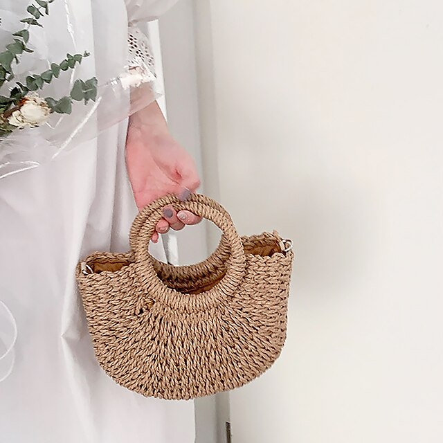 Women's Handbag Crossbody Bag Straw Bag Straw Holiday Beach Large Capacity Breathable Solid Color Folk off white khaki