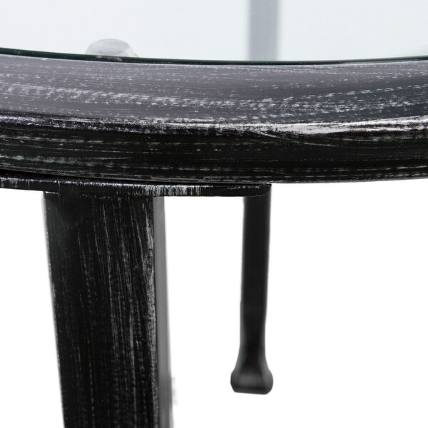 SEI Furniture Glenn Distressed Black Metal Round Side Table with Glass Top and Shelf