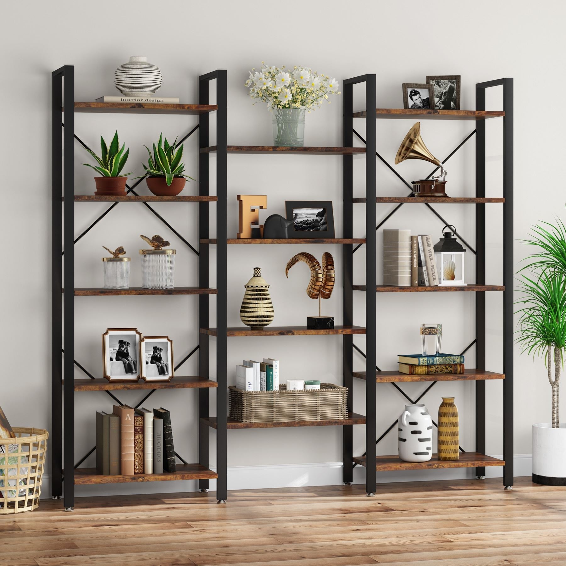 70 Bookshelf, Triple Wide Etagere Bookcase Open Display Shelf