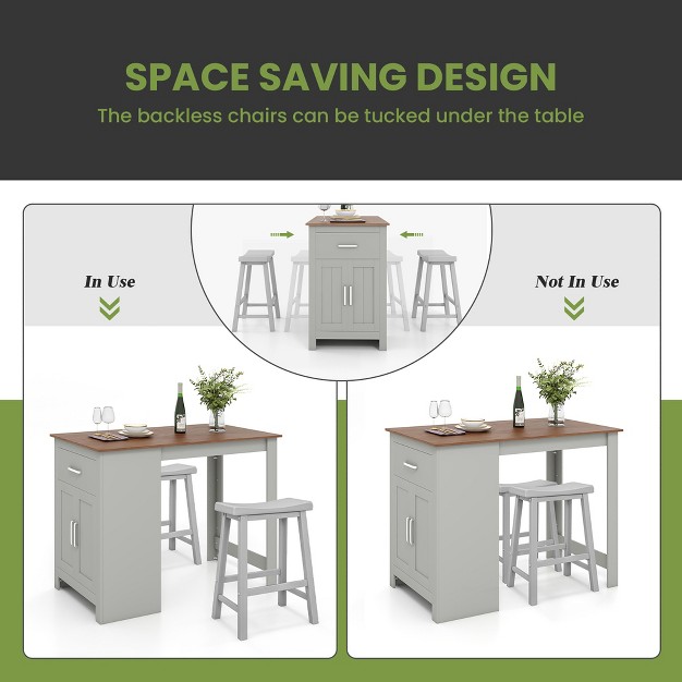 Costway 3 Pieces Bar Table Set Pub Dining Table With Saddle Stools amp Storage Cabinet Grey