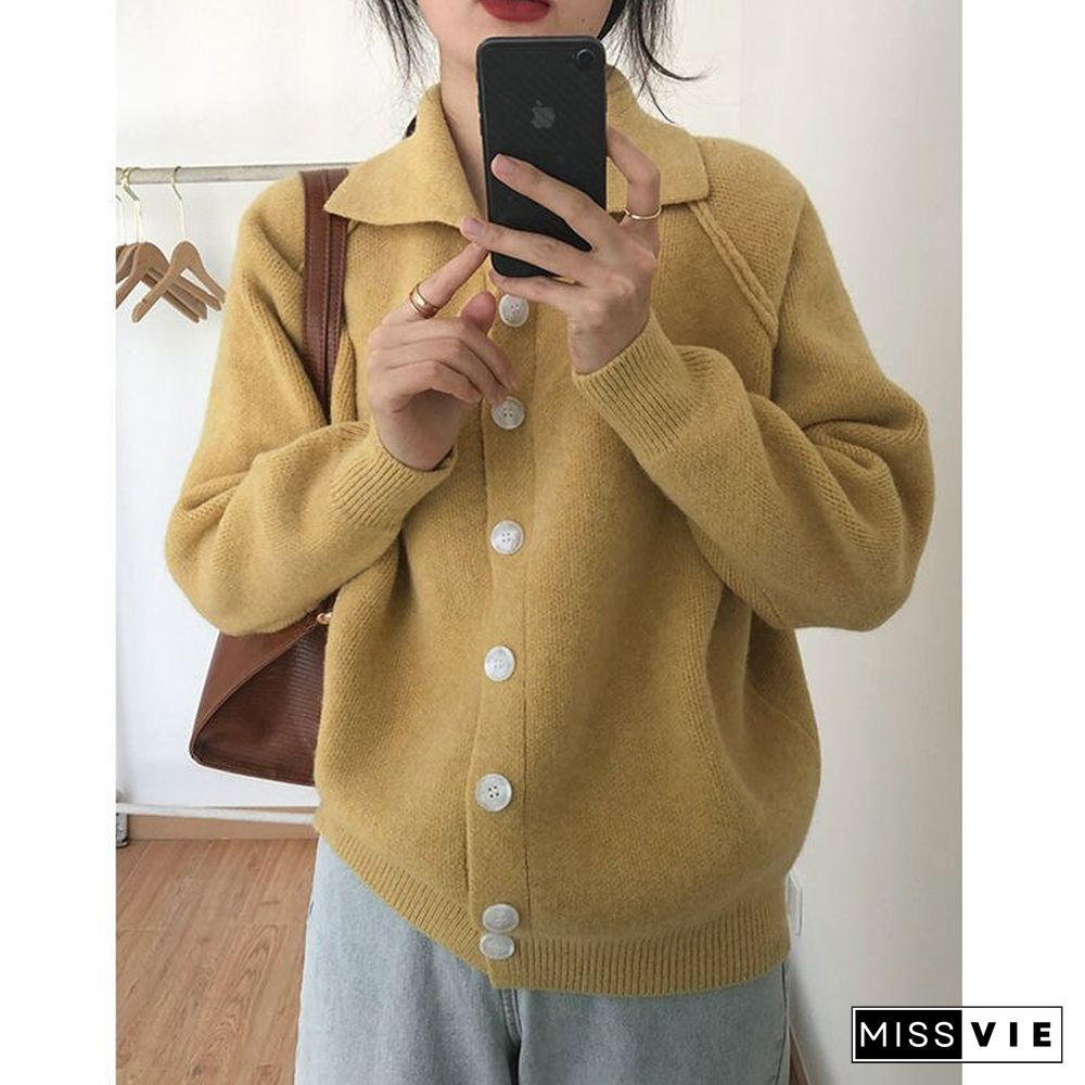 Cardigans For Women Korean Fashion Knitted Sweater Turn-Down Collar Thick Sweaters Vintage Button-Down Women Autumn Jacket