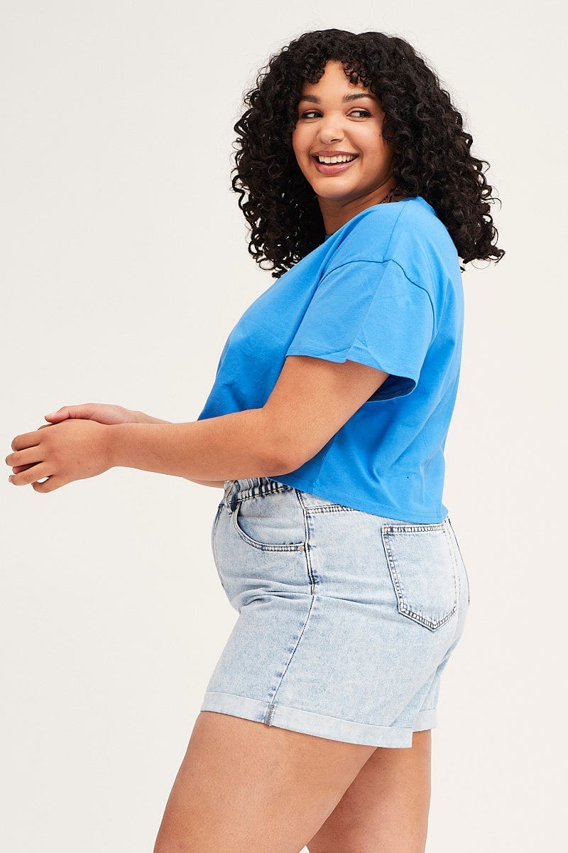 Blue Crew Neck Short Sleeve Semi Crop T-shirt