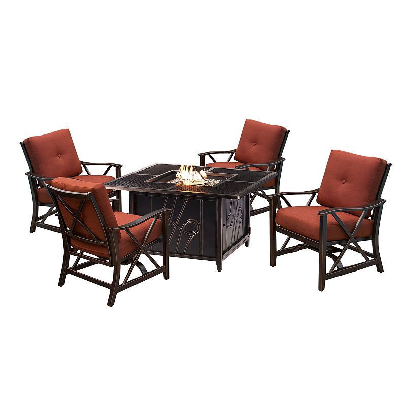 Oakland Living Square Antique-Inspired Fire Table and Deep Seating Rocking Patio Chair 5-piece Set