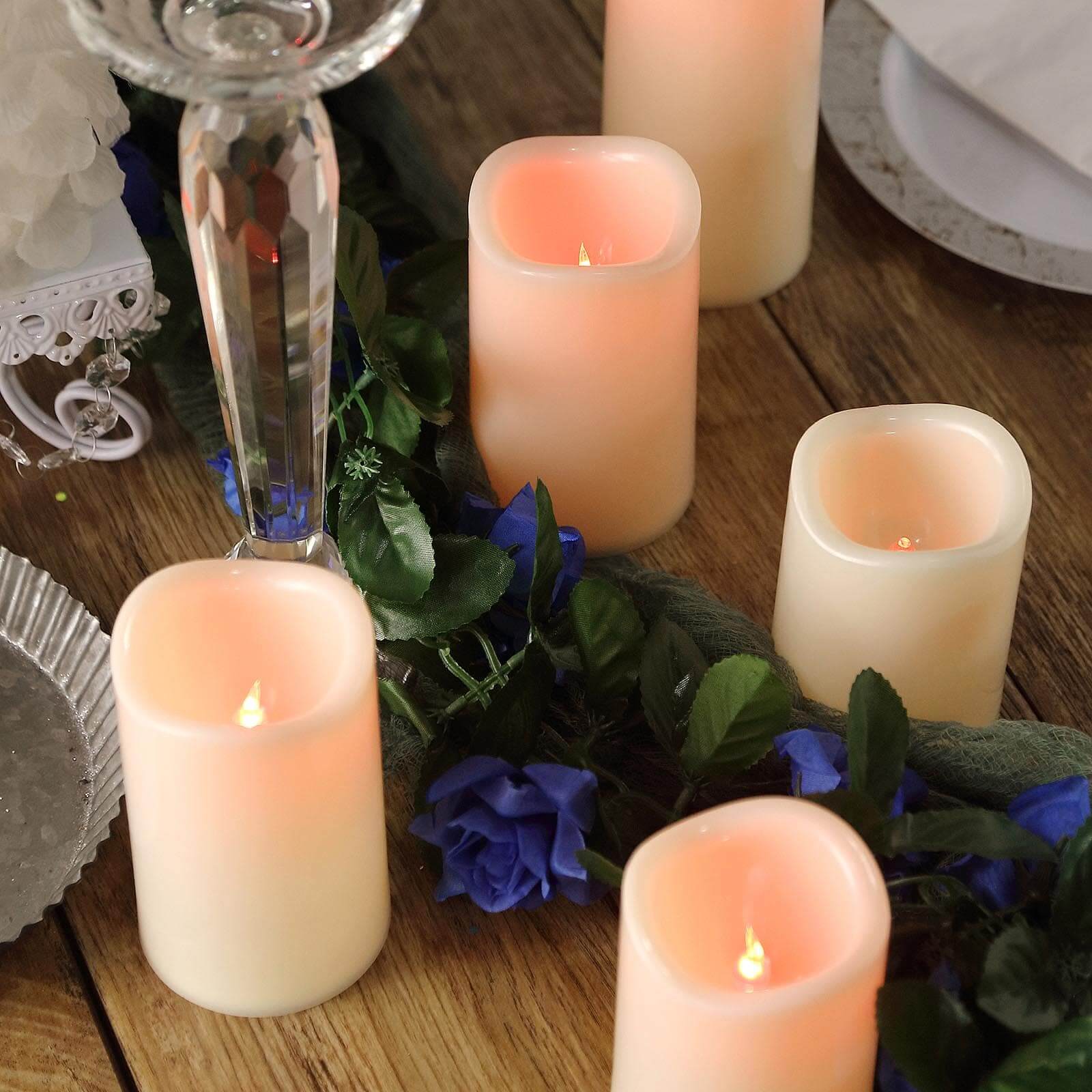 Set of 5 Ivory Flickering Flameless LED Pillar Candles, Color Changing Battery Operated Candles With Remote 4