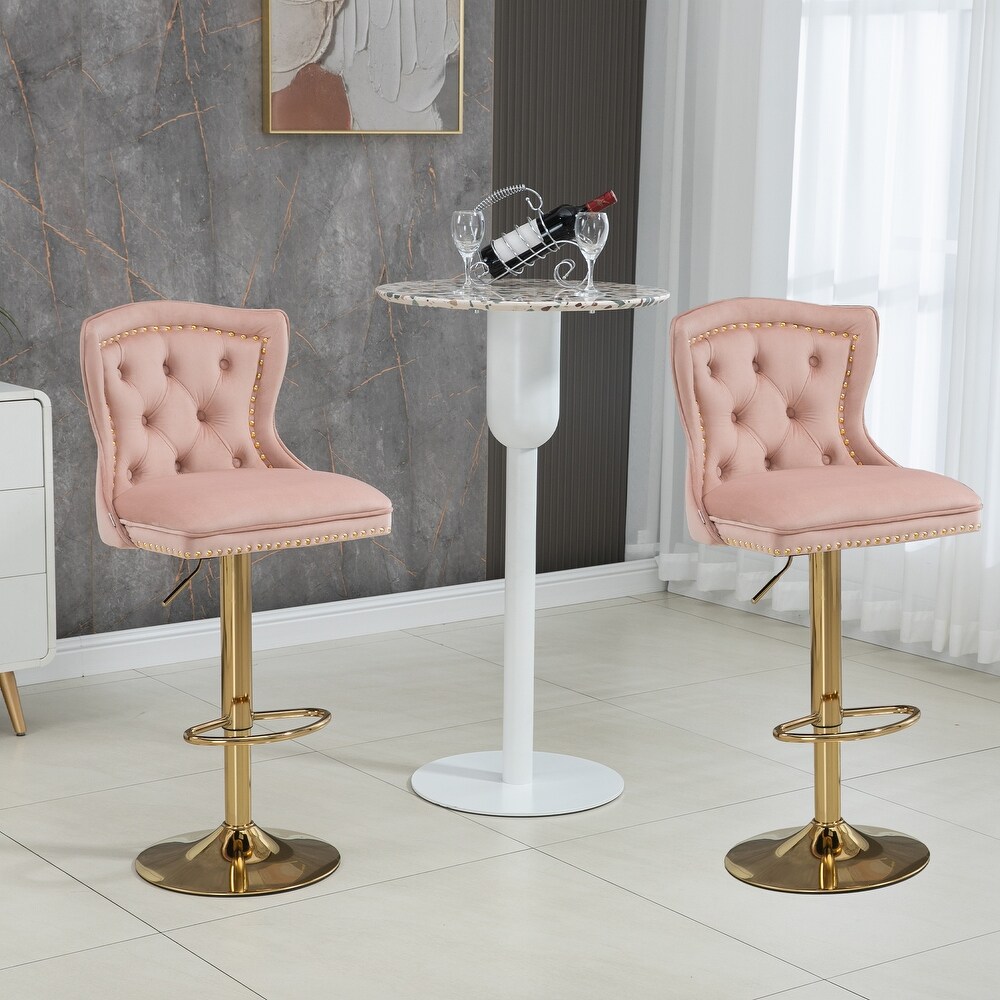 Velvet Upholstered Tufted Swivel Adjustable Height Bar Stools With Golden Footrest(set of 2)